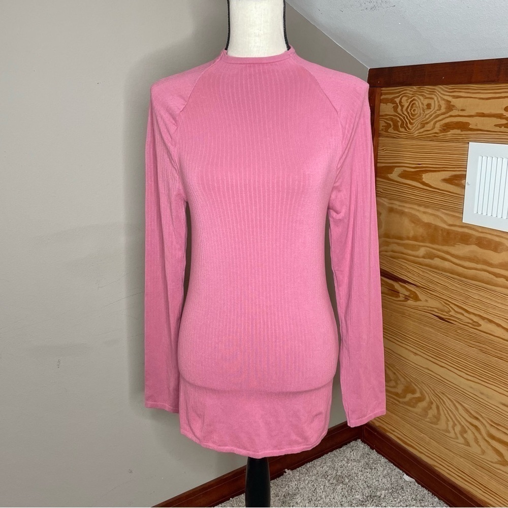 By Anthropologie Pink Ribbed Mock Neck Long Sleeve Top Shirt Medium